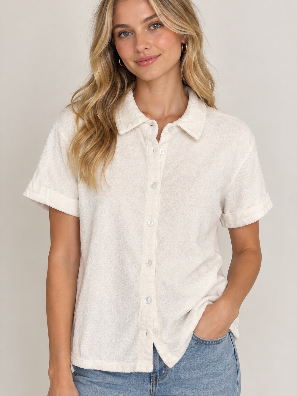 Edikted Cream Short-Sleeve Terry Cloth Button-Down Shirt